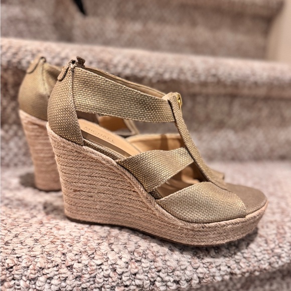 Michael Kors Gold and Tan Wedge Sandals - Picture 1 of 3